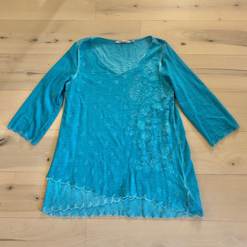 Soft Surroundings Malolo Embroidered Aruba Blue Cotton Tunic Top Made In India M
